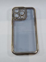 CAPA PARA APPLE IPHONE 14 PRO MAX SILICONE DOURADO COM PEDRINHA