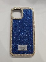 CAPA PARA APPLE IPHONE 14 COM GLITTER AZUL E DOURADO SILICONE